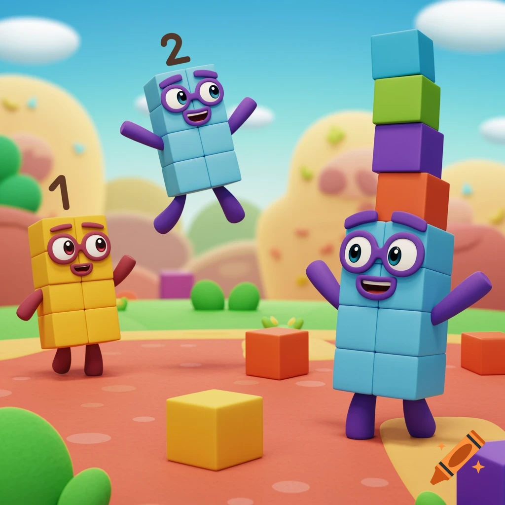 Cartoon block characters, 'One' and 'Two', play in a colorful, bright outdoor setting with building blocks.