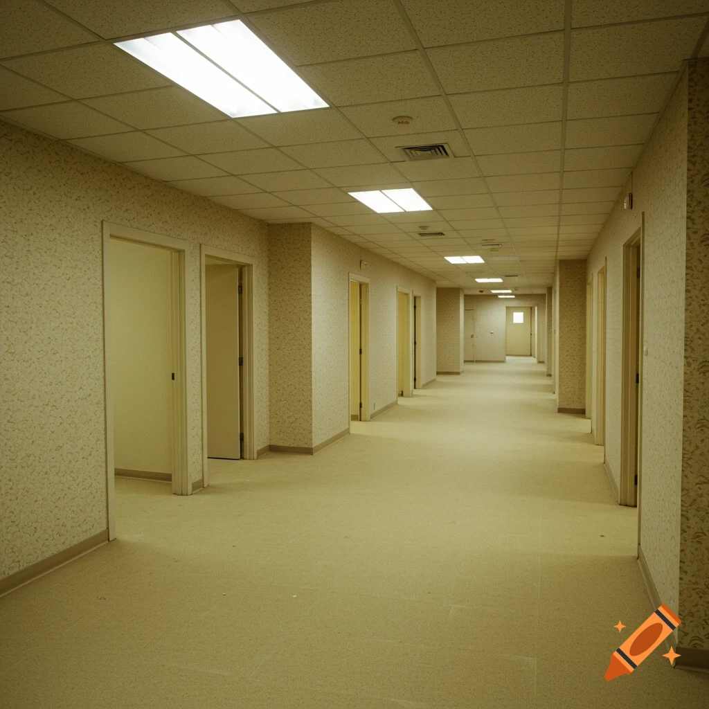 A long, empty hallway with yellow patterned wallpaper, light yellow carpet, and overhead fluorescent lights.