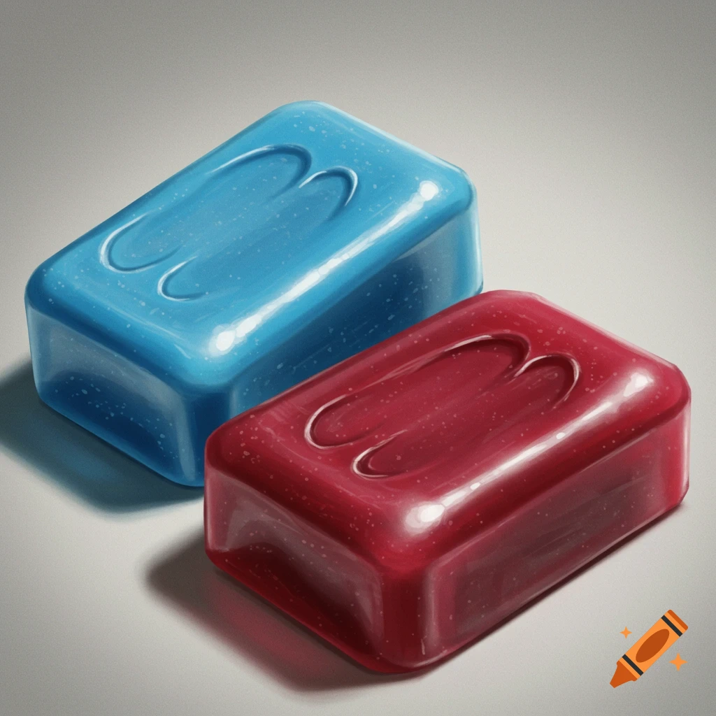 Two glossy, rectangular bars of soap, one blue and one red, with an embossed 'M' or '3' symbol, on a light gray surface.