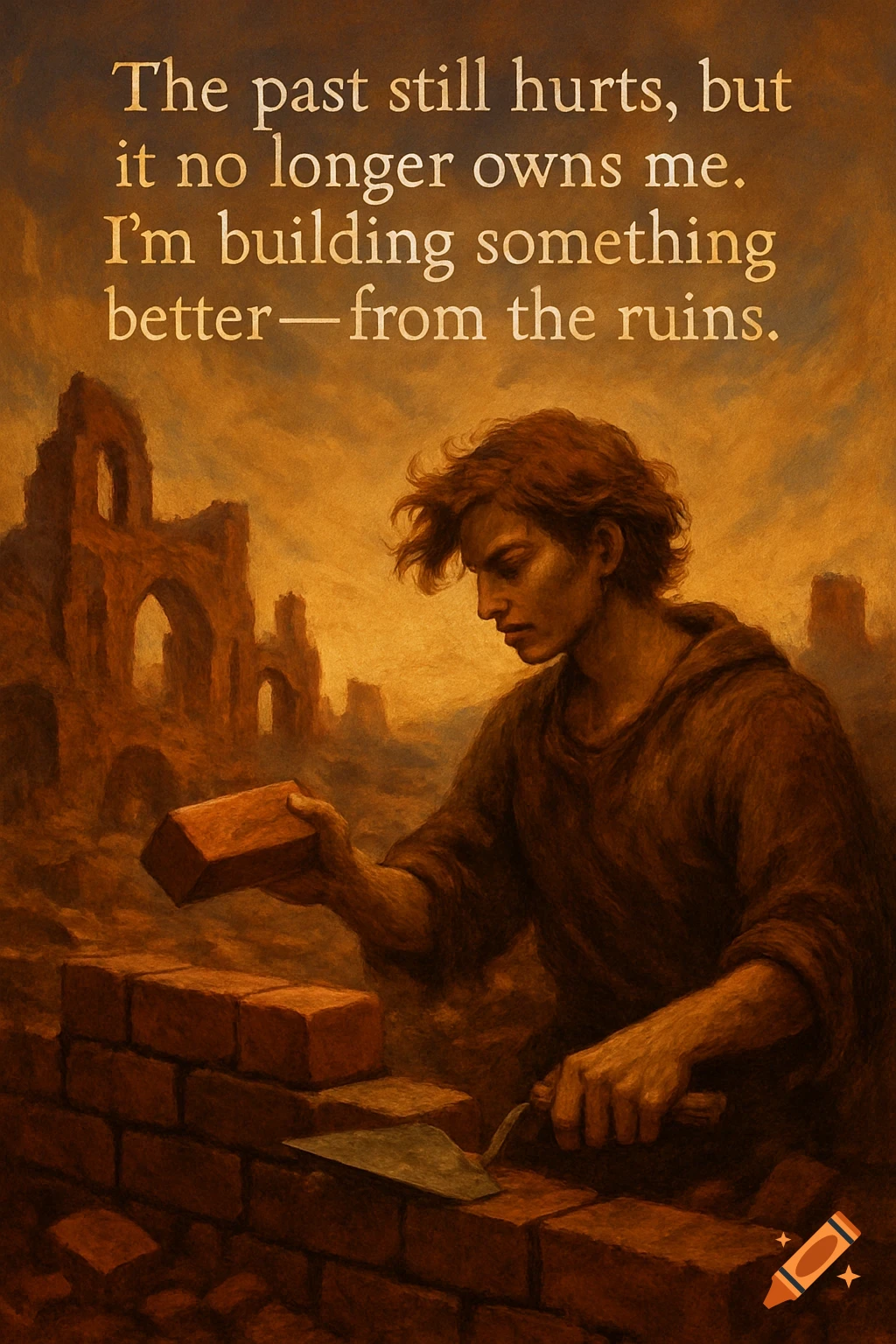 A painting of a man building a brick wall from ruins, with an inspirational quote about overcoming the past.