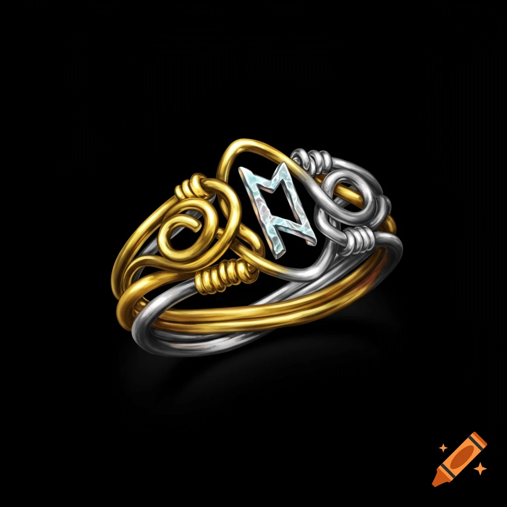 A detailed ring made of intertwined gold and silver-colored wires, forming a stylized rune symbol.