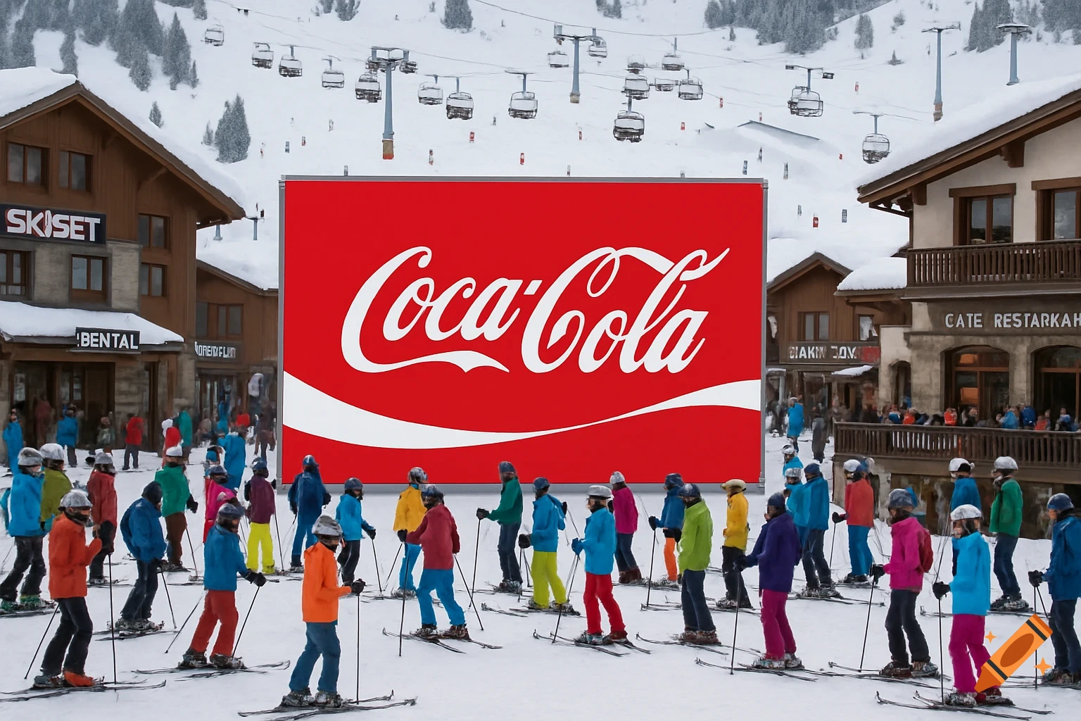 A photorealistic image of a vibrant red Coca-Cola billboard dominating a busy ski resort, surrounded by skiers in colorful outfits, ski rental shops, and cafes under a snowy mountain backdrop with chairlifts.