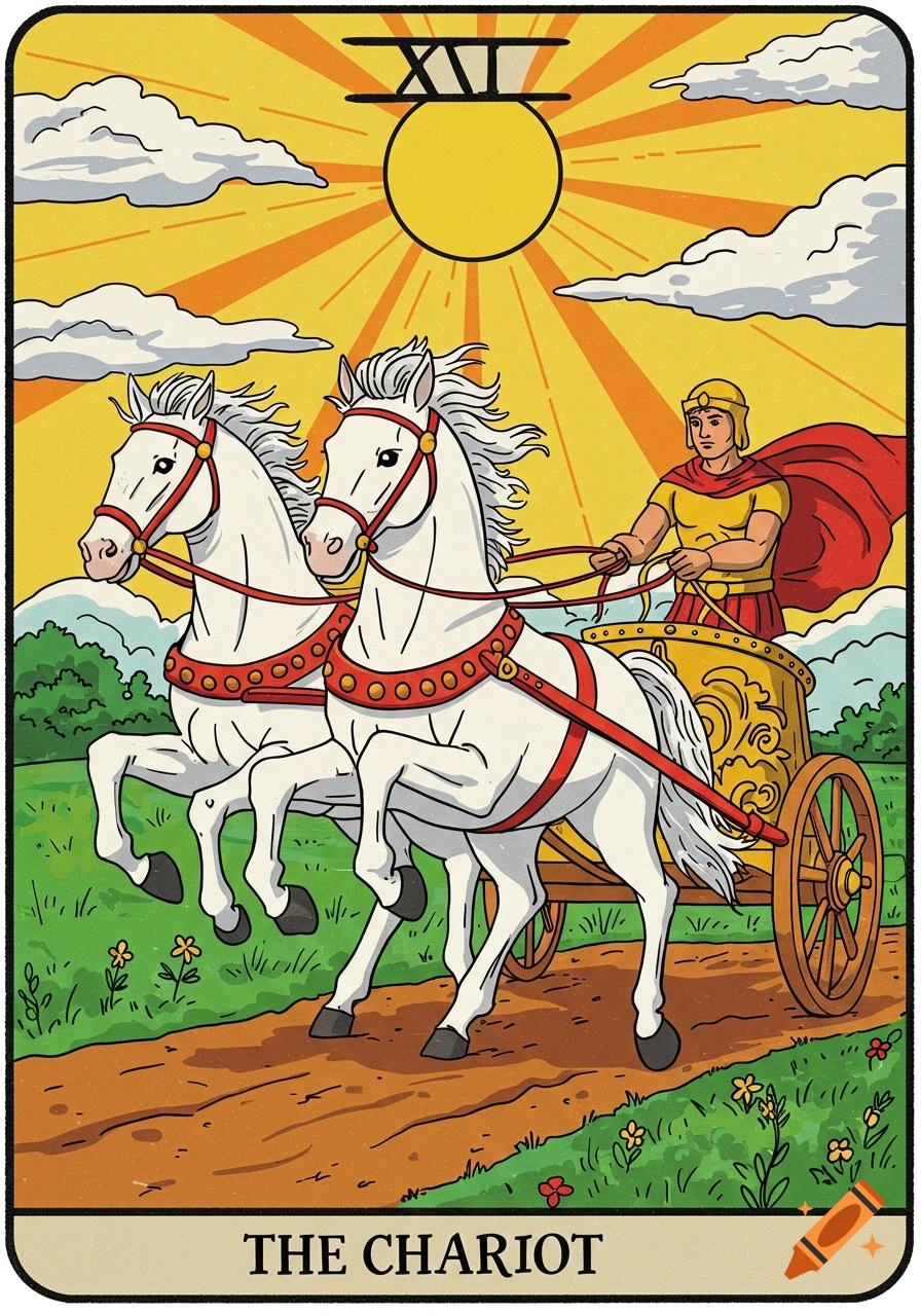 An illustration of The Chariot tarot card, featuring a charioteer in a golden chariot pulled by two white horses under a bright sun.