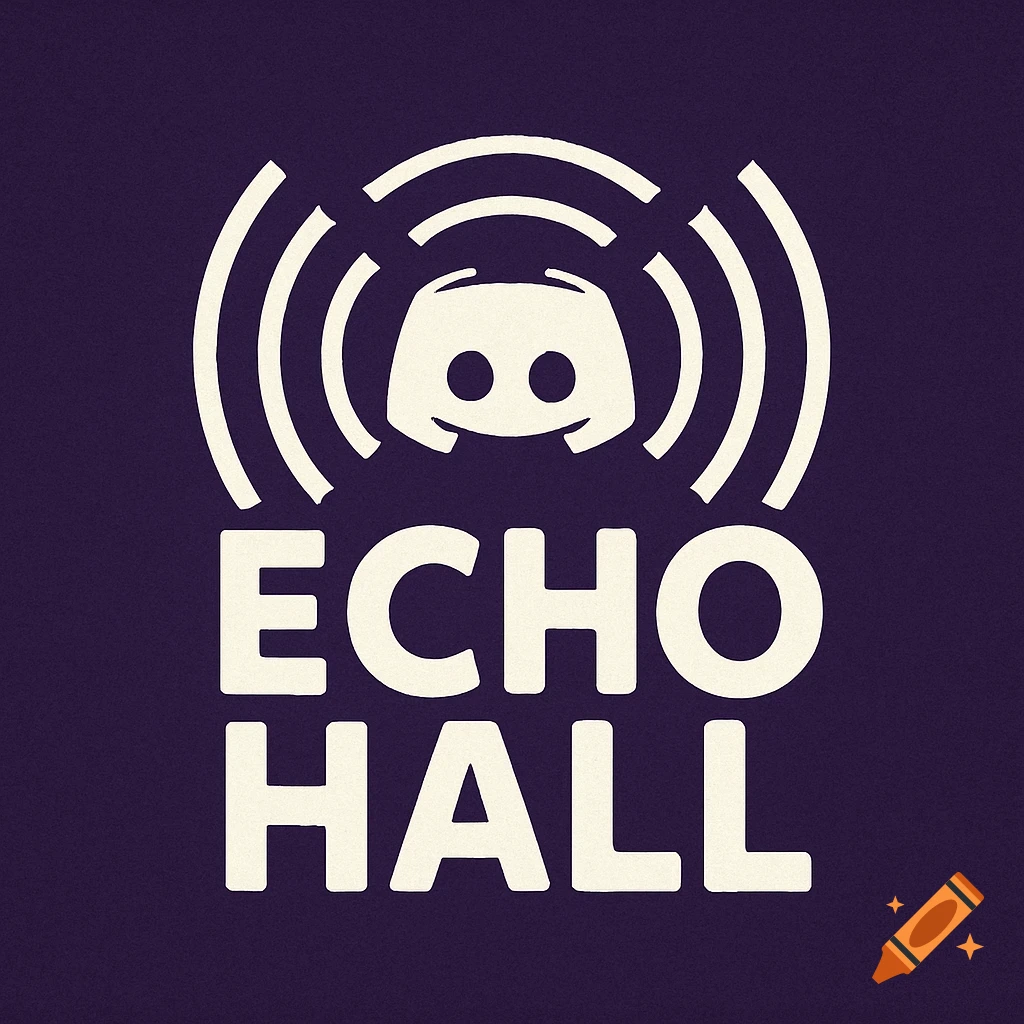 White Discord logo with radiating sound waves above the words 'ECHO HALL' in a bold white font on a dark purple, grainy background.