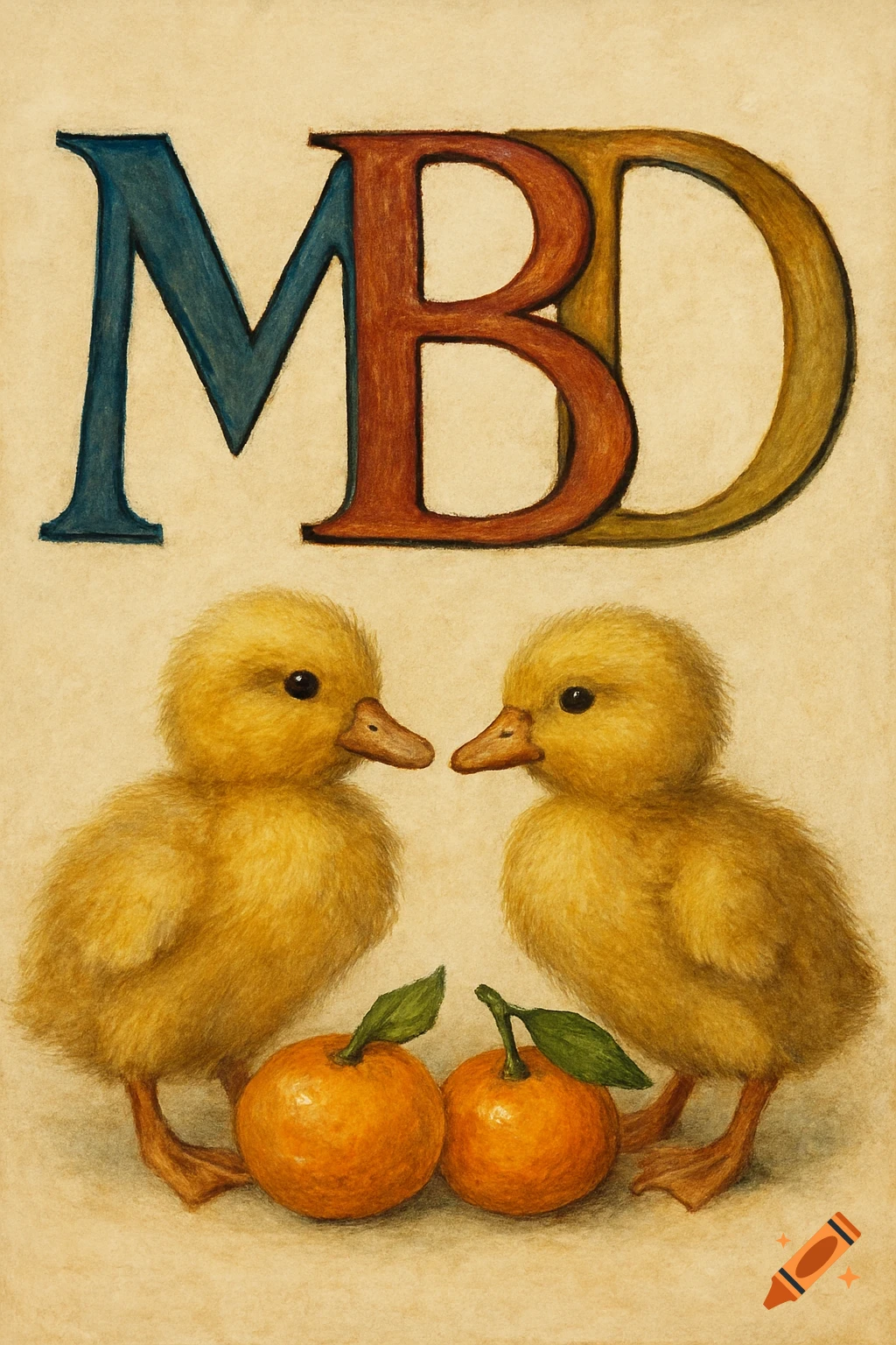 Two yellow baby ducks face each other with mandarins between them, below large letters 'MBD' in a warm-toned illustration.