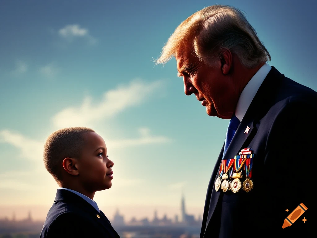 Photorealistic image of Donald Trump looking down at a young boy, with a cityscape in the background.