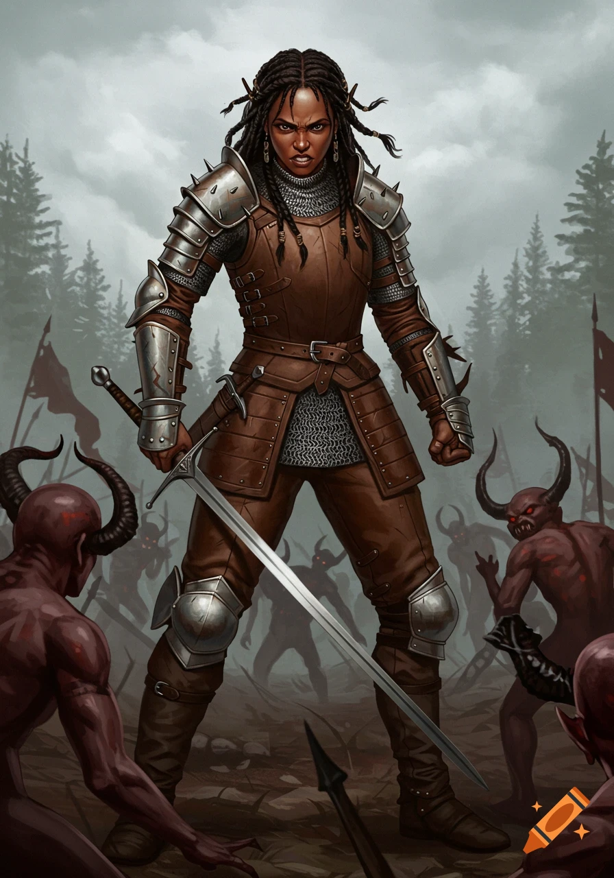 A fierce warrior woman in armor with a longsword confronts a horde of ...