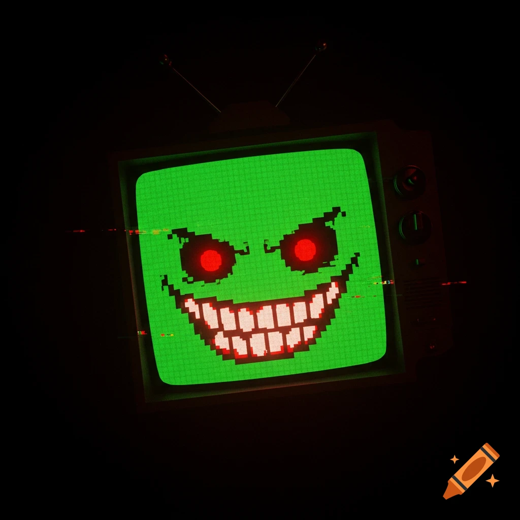 A menacing 8-bit pixelated green face with glowing red eyes and a wide, toothy grin on a retro TV screen.