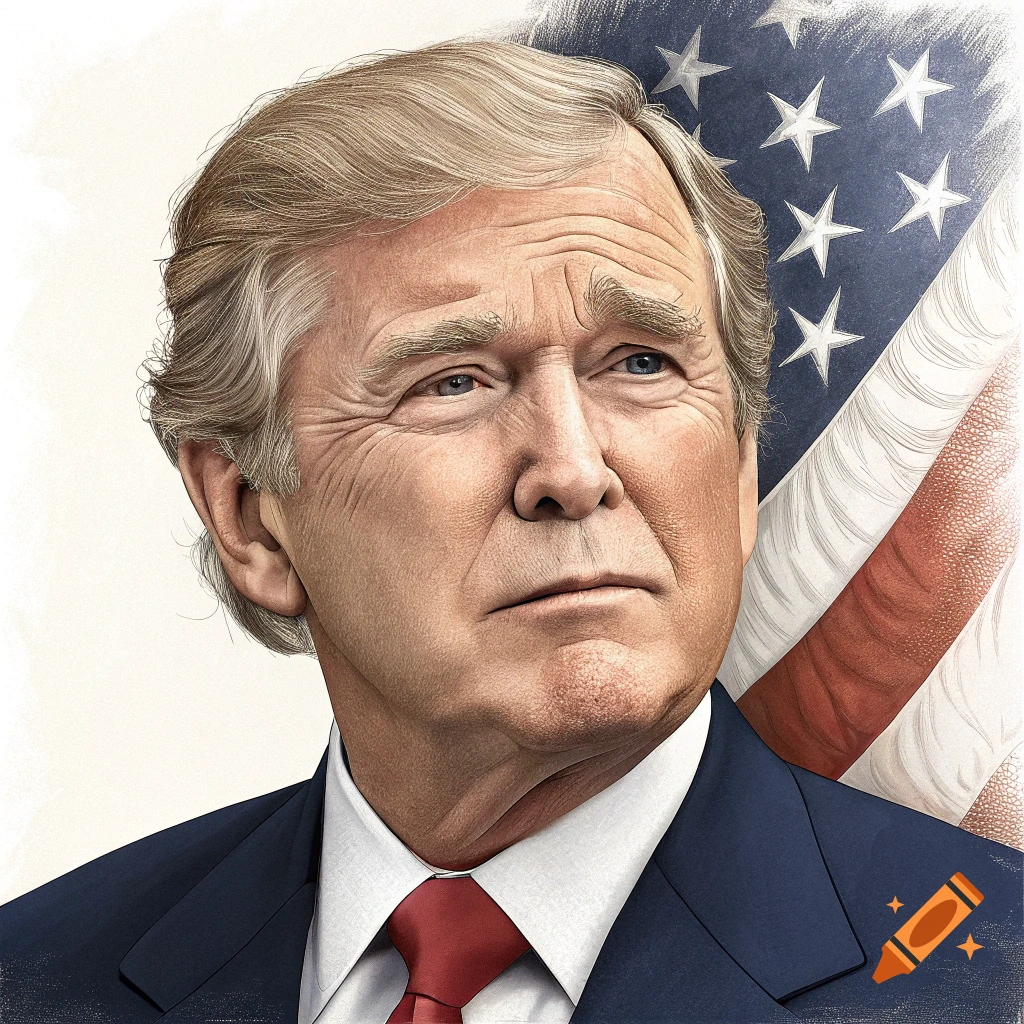Stylized portrait of a man with the combined features of Donald Trump and George W. Bush, against an American flag background.