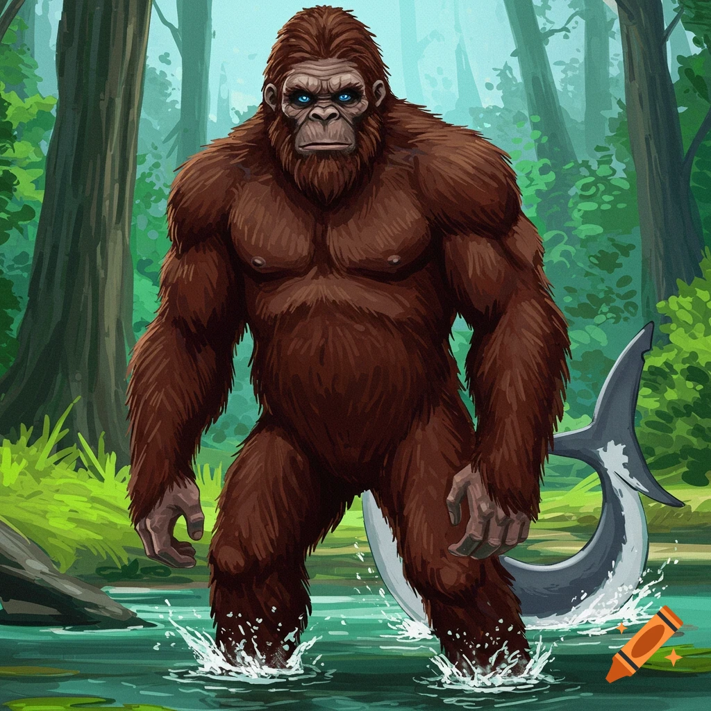 A brown-furred Sasquatch with blue eyes stands in a forest stream, a shark tail emerging from the water. Digital illustration.