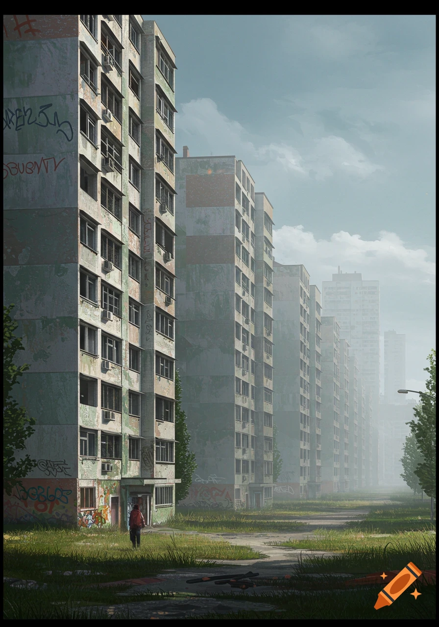 A desolate street lined with tall, abandoned concrete apartment buildings covered in graffiti, with a lone figure walking in the foreground.