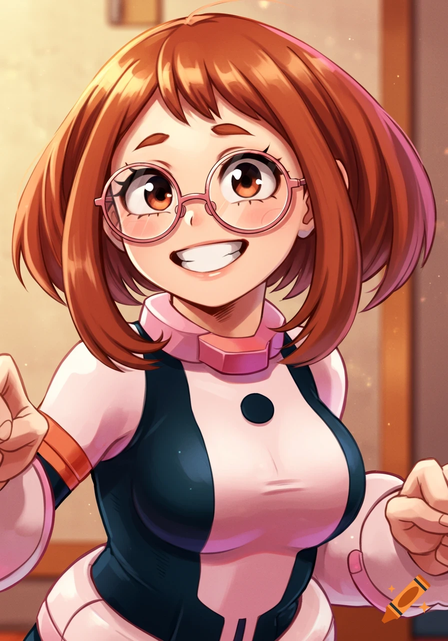 Smiling anime girl Ochako Uraraka with brown hair and pink glasses in her hero costume.