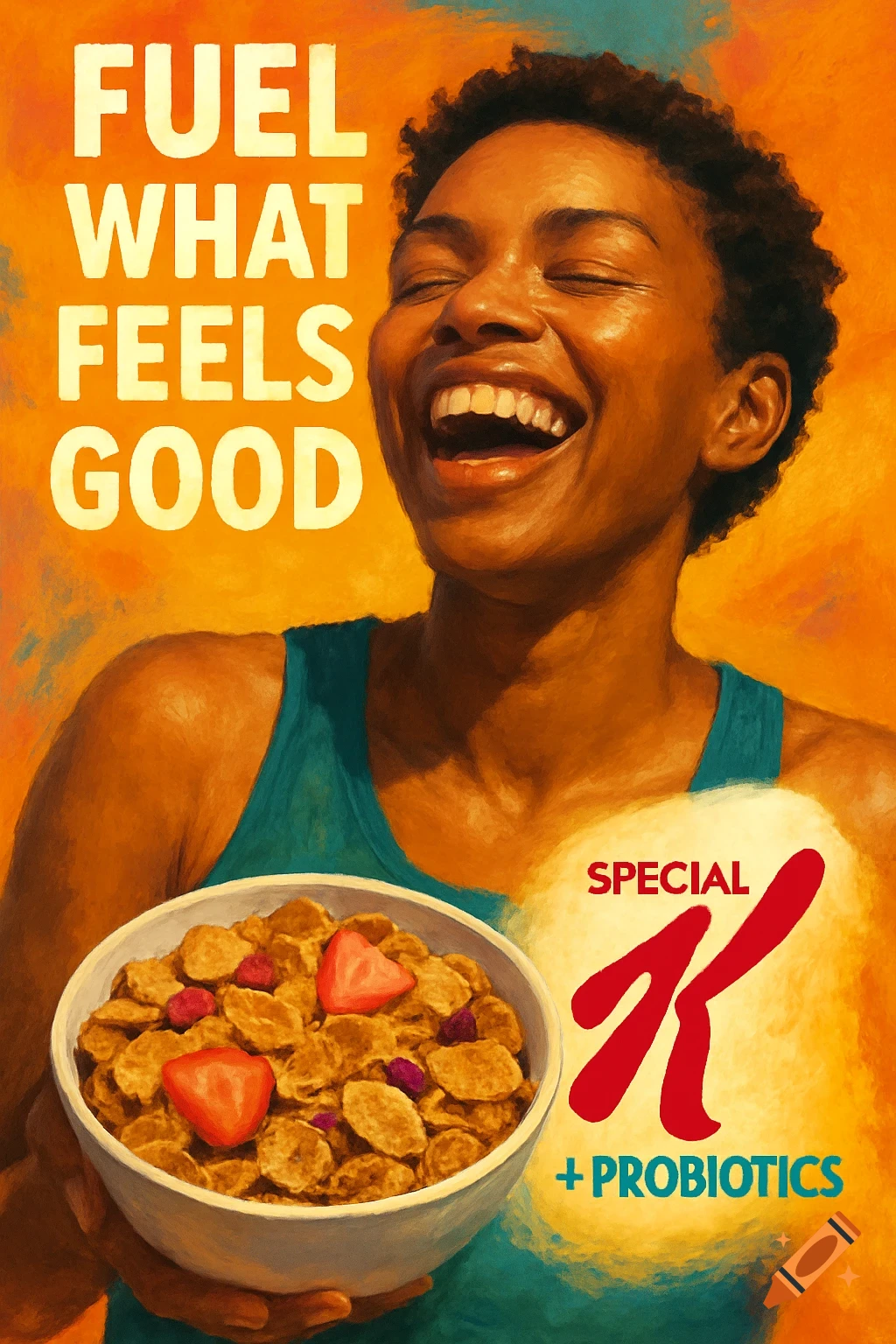 A smiling woman with short curly hair holds a bowl of Special K cereal with strawberries, with the slogan "FUEL WHAT FEELS GOOD" and "SPECIAL K + PROBIOTICS" text.