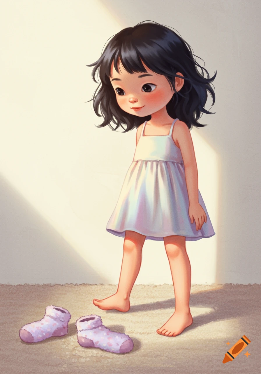 Illustration of a young girl with dark hair, wearing a white dress, standing barefoot next to a pair of pink socks on a carpet.