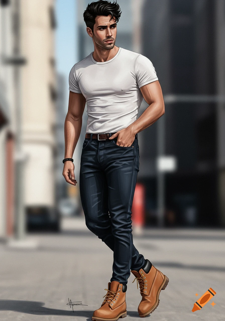 Stylized illustration of a man in a white t-shirt, dark jeans, and brown boots, standing outdoors with a hand in his pocket.