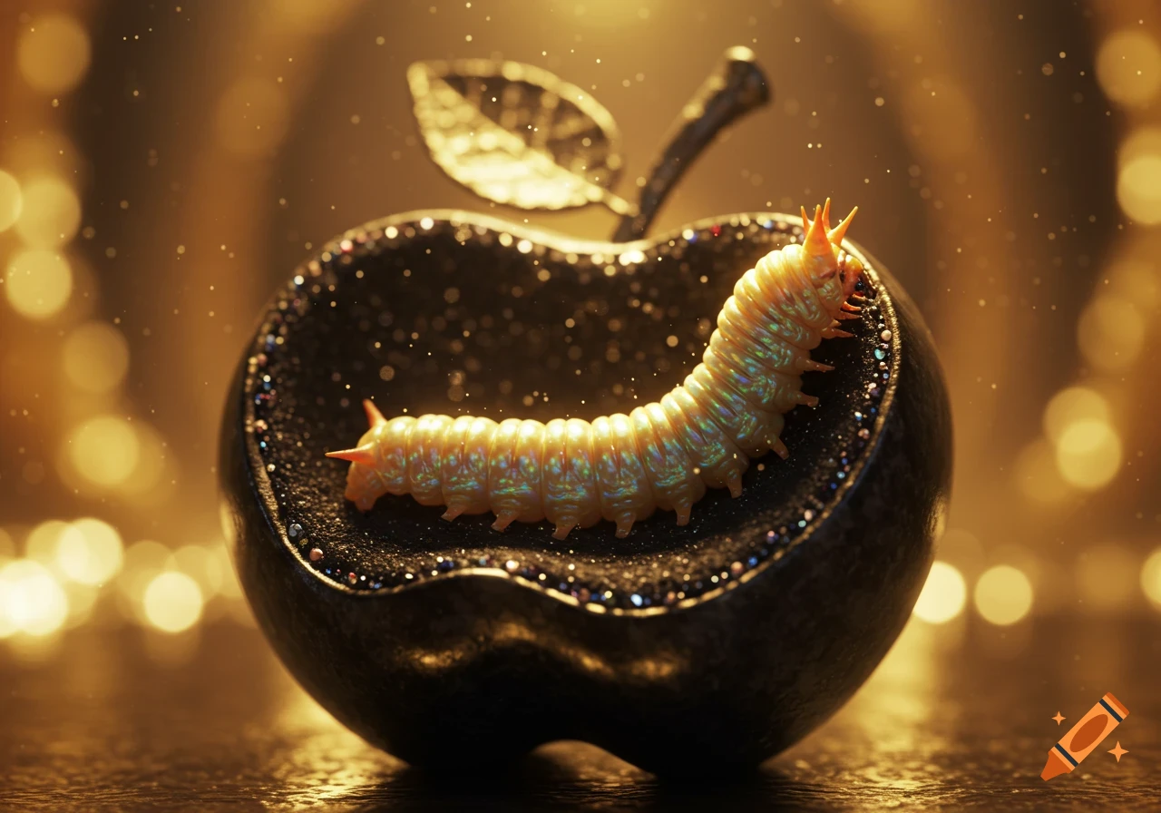 A glowing, iridescent caterpillar rests inside a dark, glittery apple, surrounded by warm, golden bokeh lights.