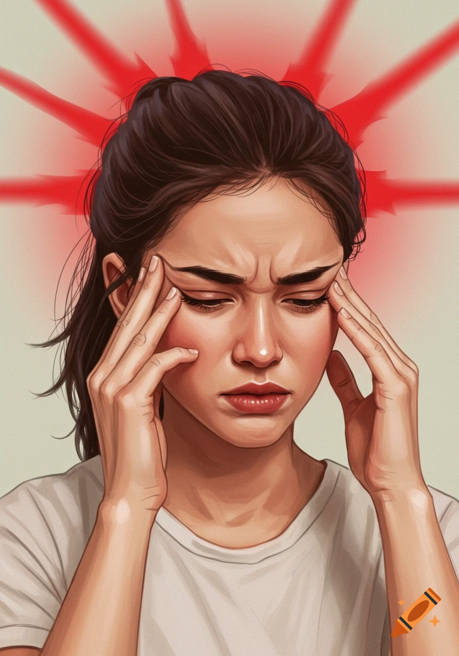 Illustration of a woman with her hands on her temples, grimacing in pain from a headache, with red lines radiating from her head.