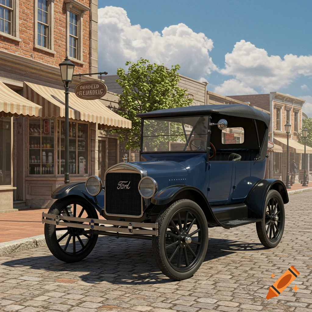 A vintage blue Model T car is parked on a cobblestone street in front of old brick buildings under a blue sky with clouds.
