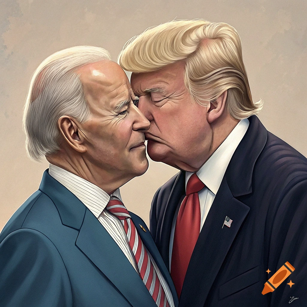 Illustrated portrait of Joe Biden and Donald Trump leaning in for a kiss.