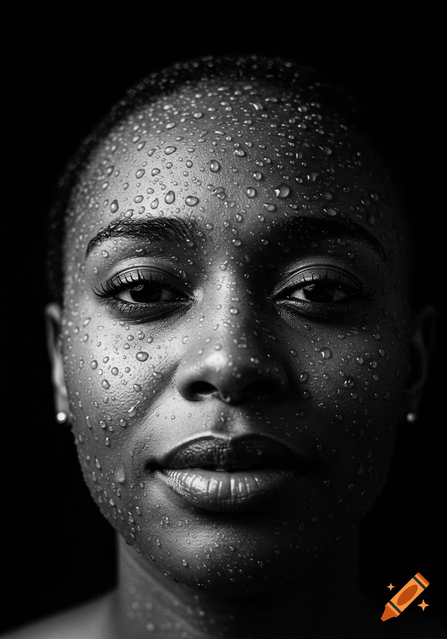 Close-up black and white portrait of a person's face covered in water droplets against a dark background.