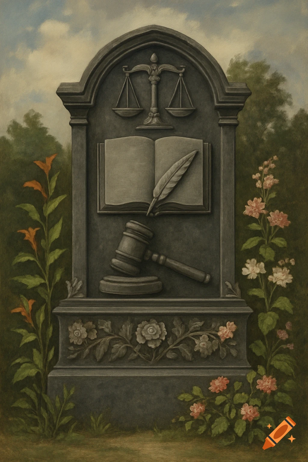 A painting of a gray tombstone carved with legal symbols like scales, a book, and a gavel, surrounded by flowers and foliage under a cloudy sky.