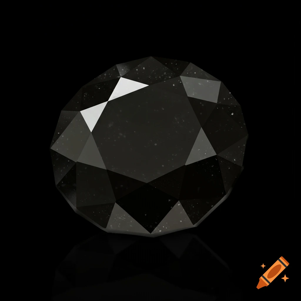 A photorealistic black diamond with facets and a reflection on a black background.