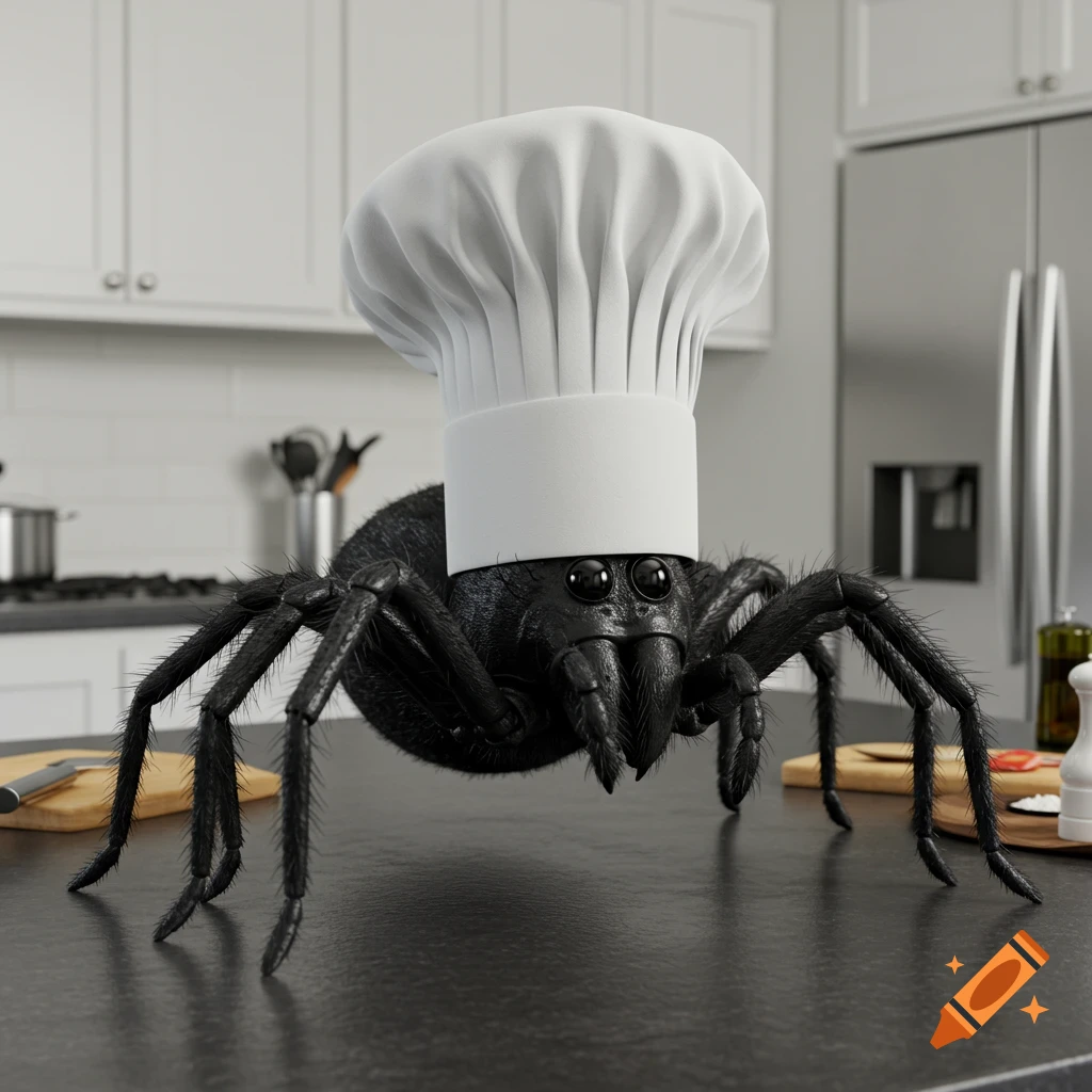 A large, black, hairy spider wearing a white chef hat stands on a kitchen countertop in a photorealistic 3D render.