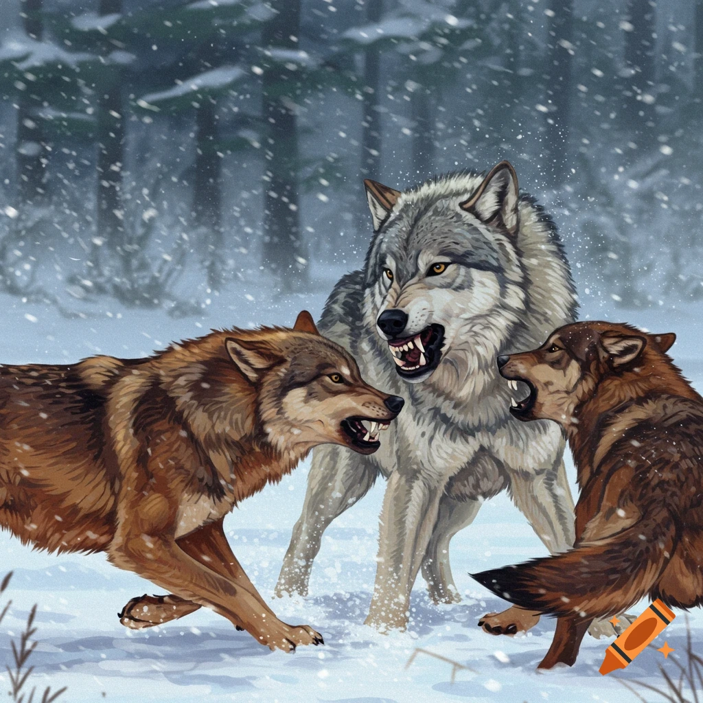 Three wolves, one grey and two brown, snarling at each other in a snowy winter forest illustration.