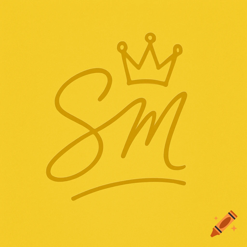 A yellow embossed monogram of the letters 'SM' with a small crown above, on a yellow background.
