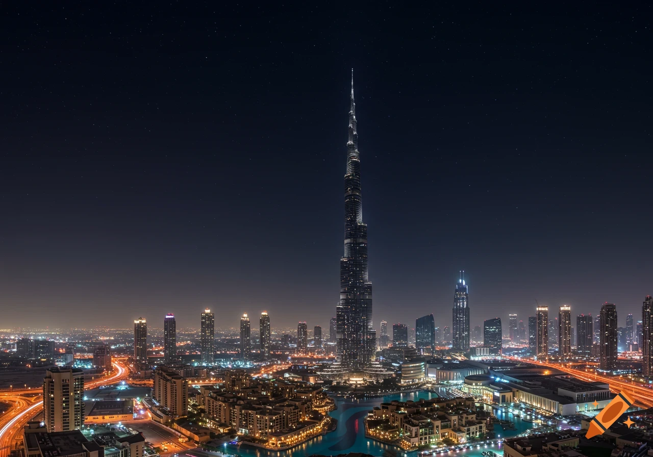 Burj Khalifa and Dubai skyline at night with illuminated modern buildings and highways under a starry sky, photorealistic style.