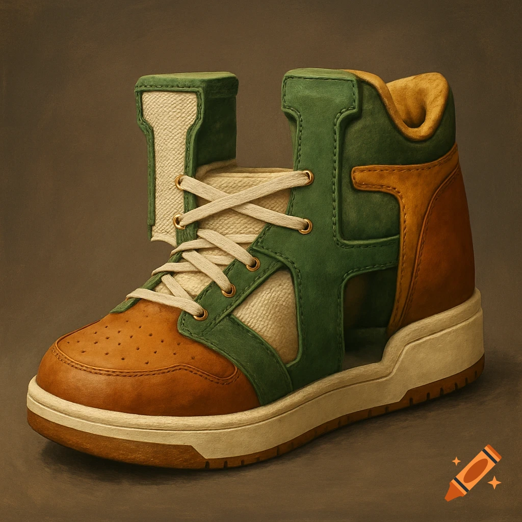 A high-top sports shoe in green, brown, and off-white, uniquely shaped like the letter H.