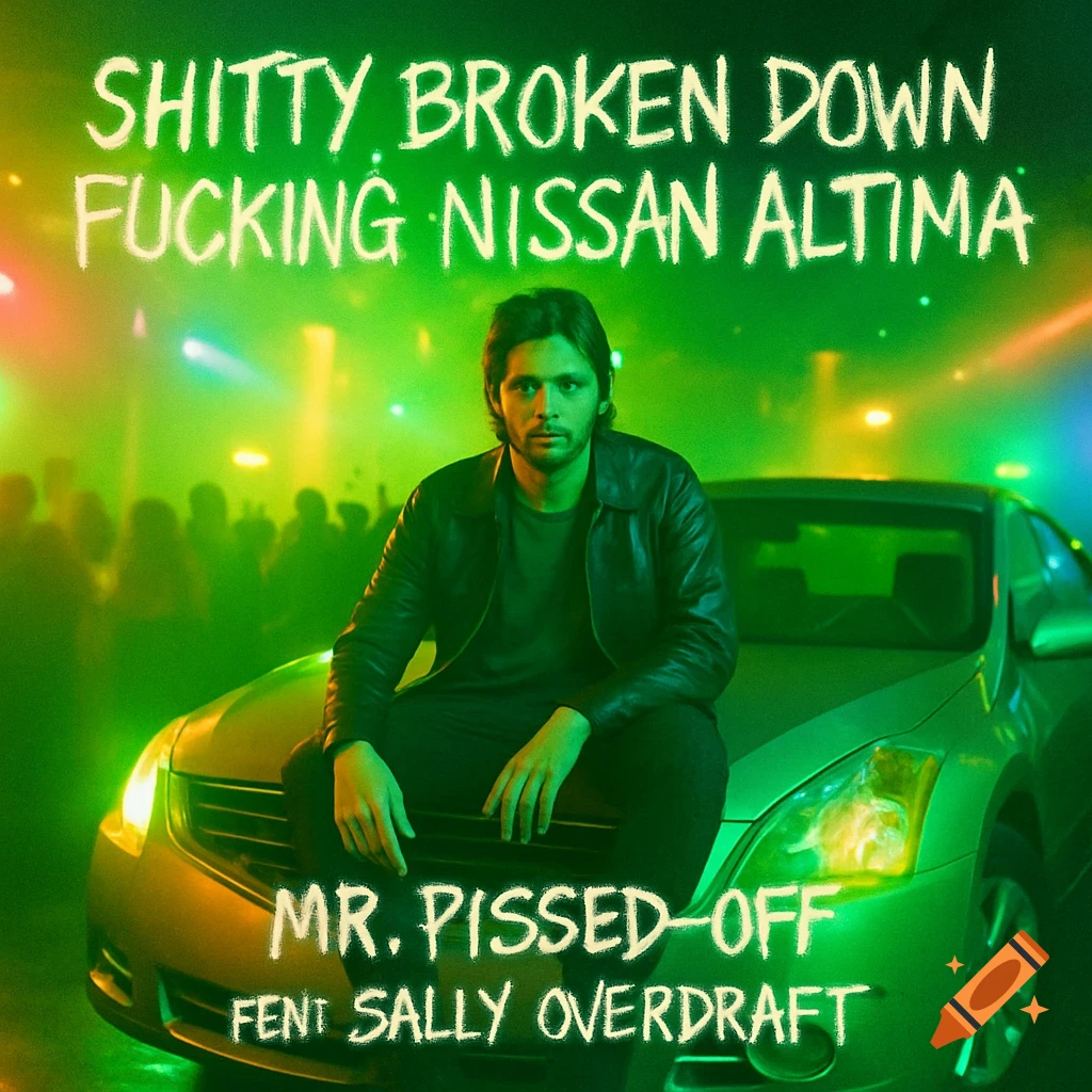 Man in leather jacket squats on a silver Nissan Altima with bright green and yellow neon lights, blurry figures in background, and white text that reads, "SHITTY BROKEN DOWN FUCKING NISSAN ALTIMA" and "MR. PISSED-OFF FEAT SALLY OVERDRAFT."