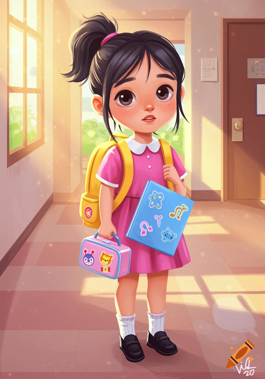 A cute cartoon girl with dark hair tied in a ponytail, wearing a pink dress, white collar, and a yellow backpack. She holds a blue folder and a pink lunchbox, standing in a sunny school hallway.