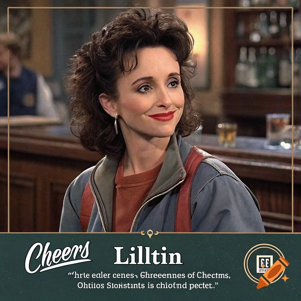 A smiling woman with dark curly hair and red lipstick wears a jacket in a dimly lit bar, with "Cheers Lilltin" text below her.