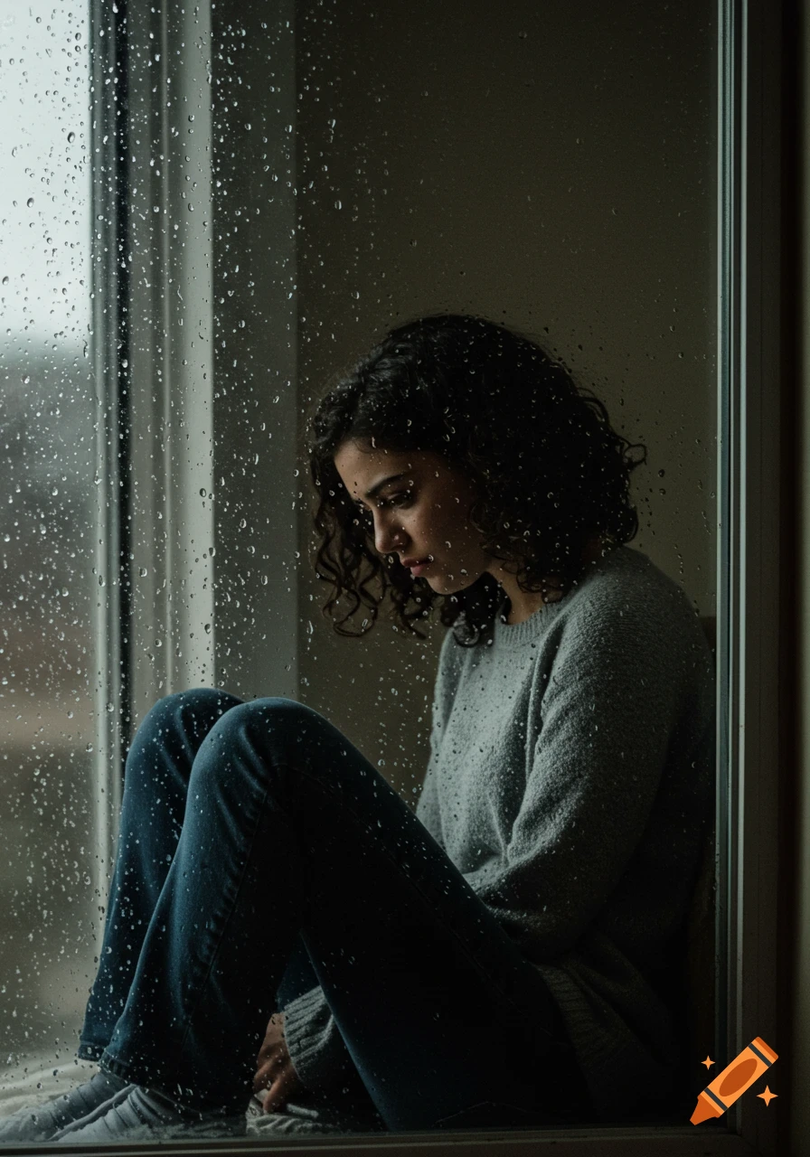 A young woman with curly hair sits pensive by a rainy window, looking down.