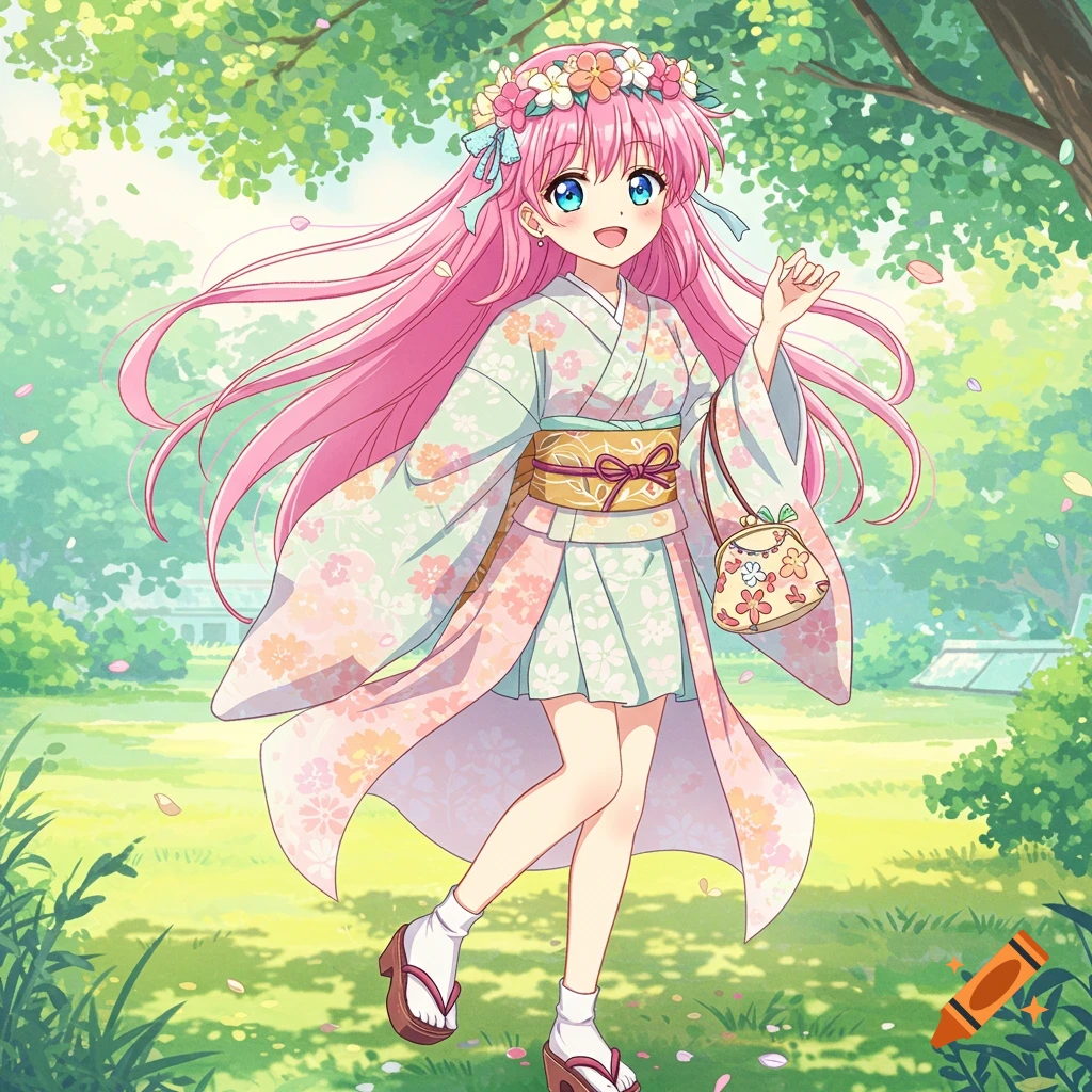 Anime girl with pink hair and flower crown in a floral kimono, walking in a sunny park.