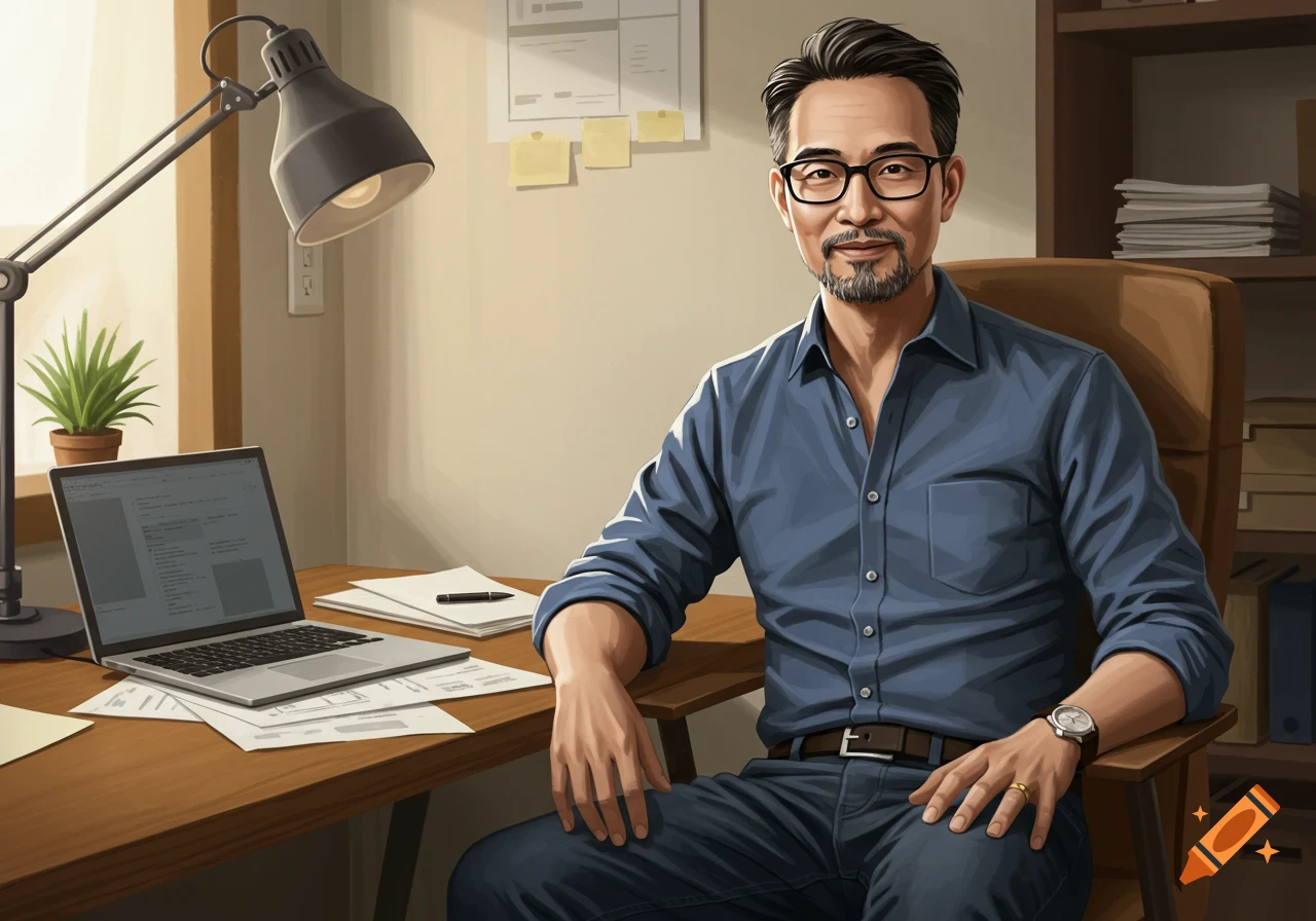 A man in a blue shirt and glasses sits at an office desk with a laptop and papers in an illustrated style.