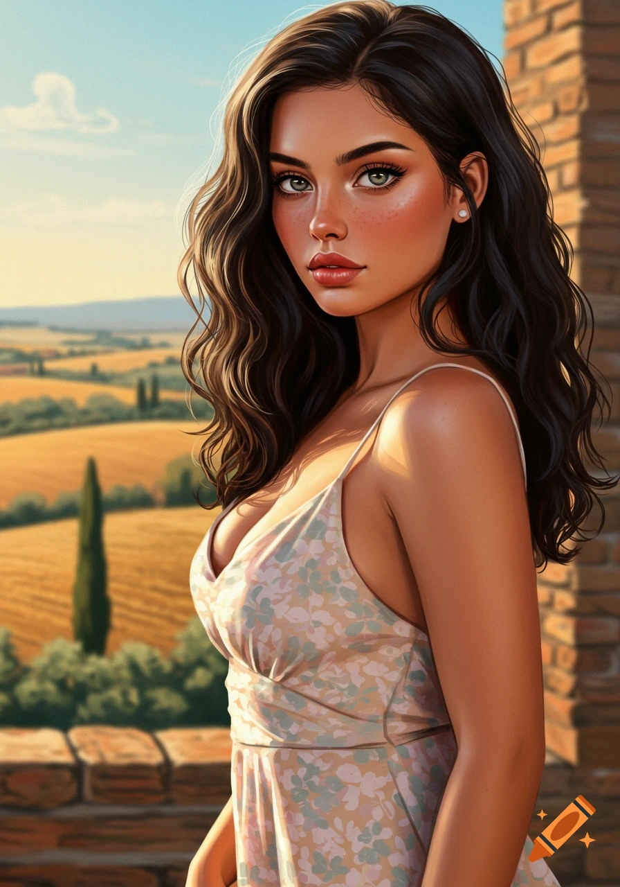 A stylized digital portrait of a woman with dark hair in a floral sundress, overlooking golden fields and cypress trees under a bright sky.