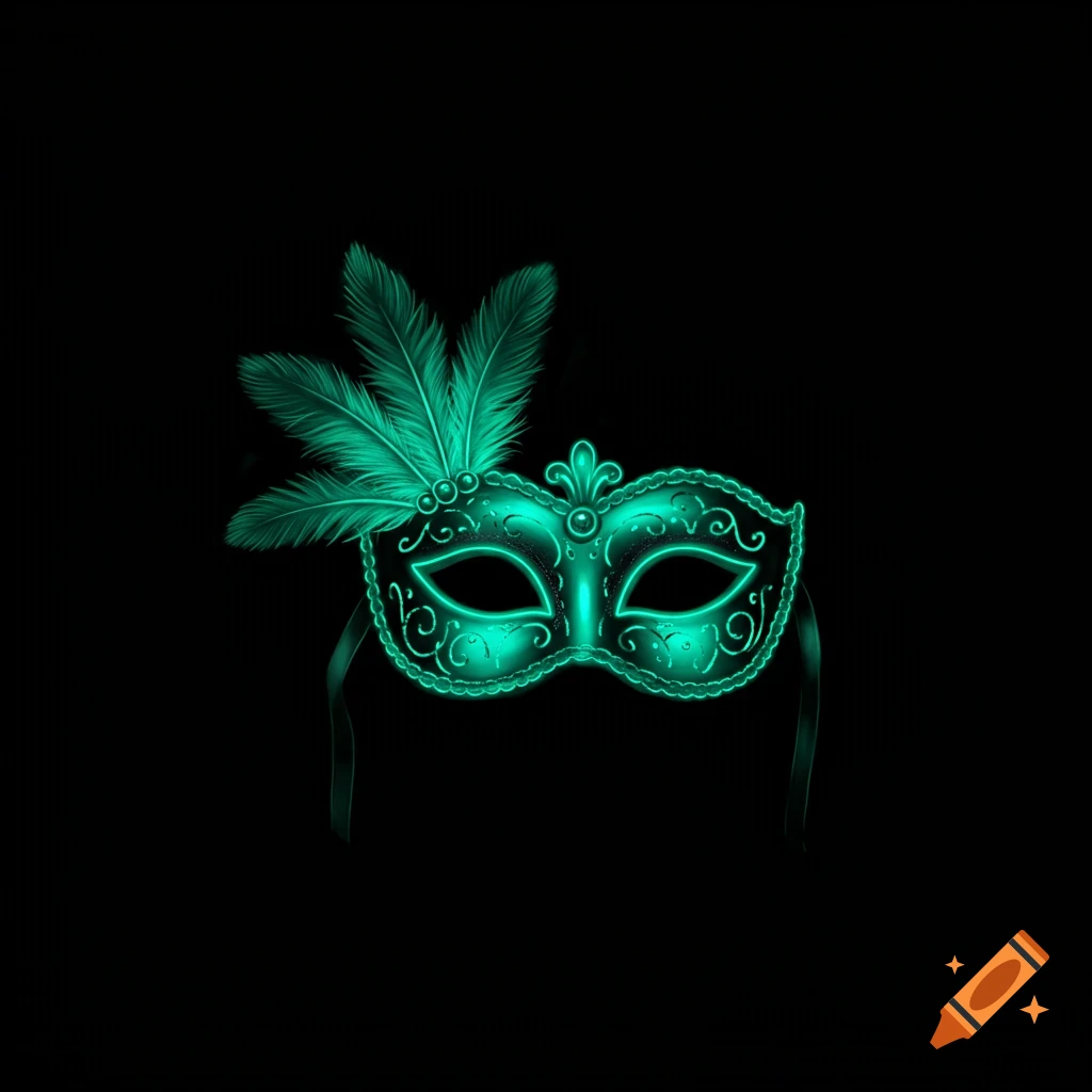 A glowing neon teal Mardi Gras mask with decorative swirls and feathers on a black background.