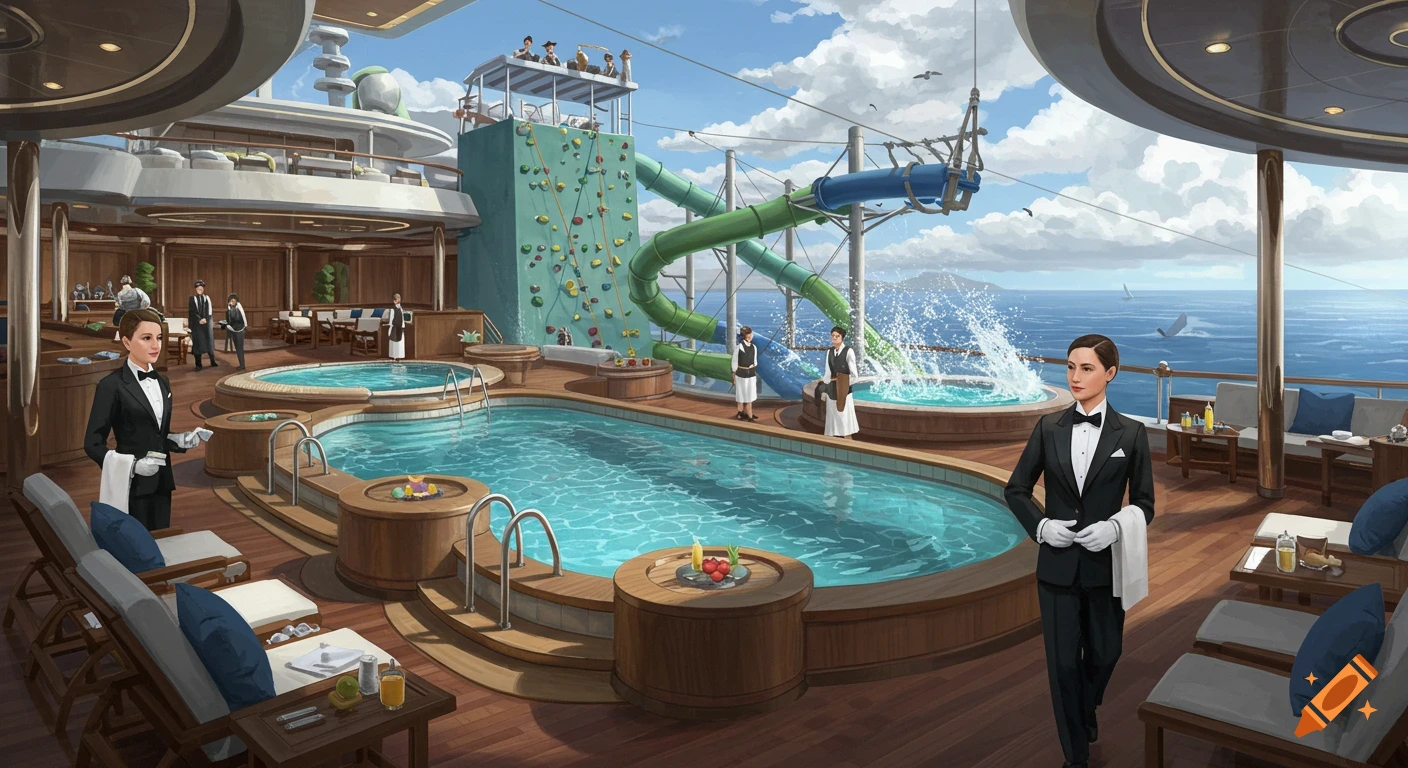A detailed illustration of a luxurious yacht deck with a large swimming pool, hot tubs, lounge chairs, a rock climbing wall, a water slide, and staff.