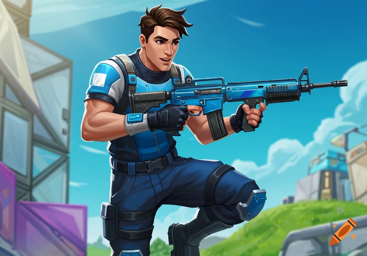 A stylized male character in blue and white tactical gear holds a blue rifle in a brightly lit, game-like environment.