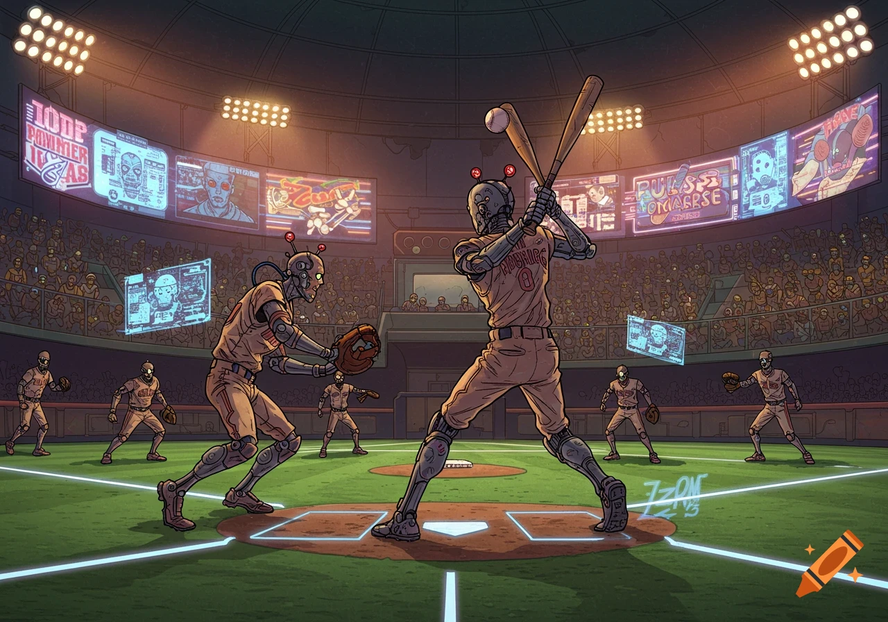 An illustrated view of a futuristic baseball game with cyborg players in a stadium under bright lights. Large screens display garbled data.