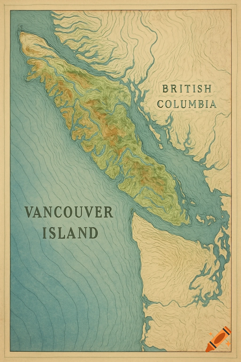 A stylized topographic map of Vancouver Island and British Columbia with prominent contour lines.