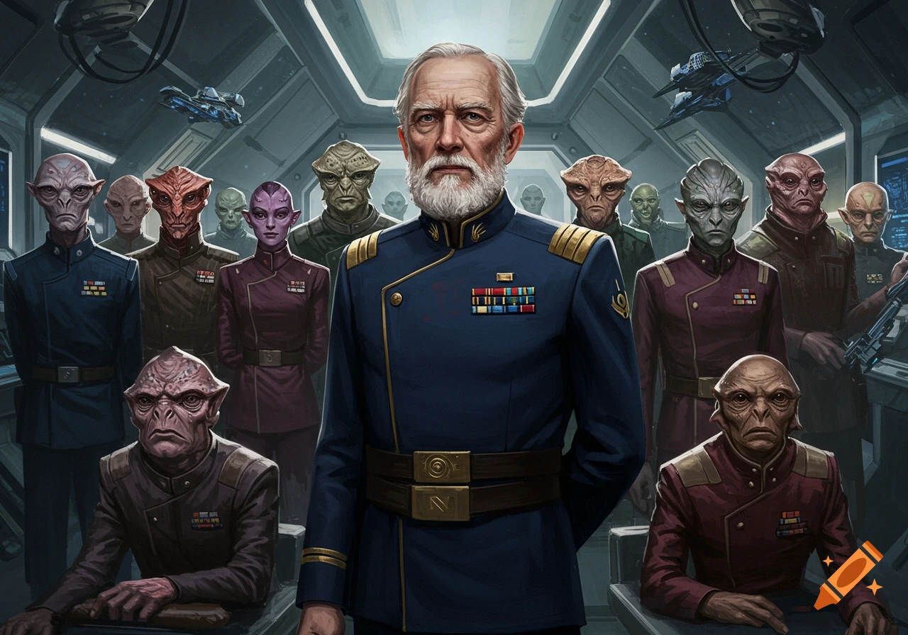 A distinguished old human admiral with a white beard stands in a spaceship among various alien representatives in military uniforms.