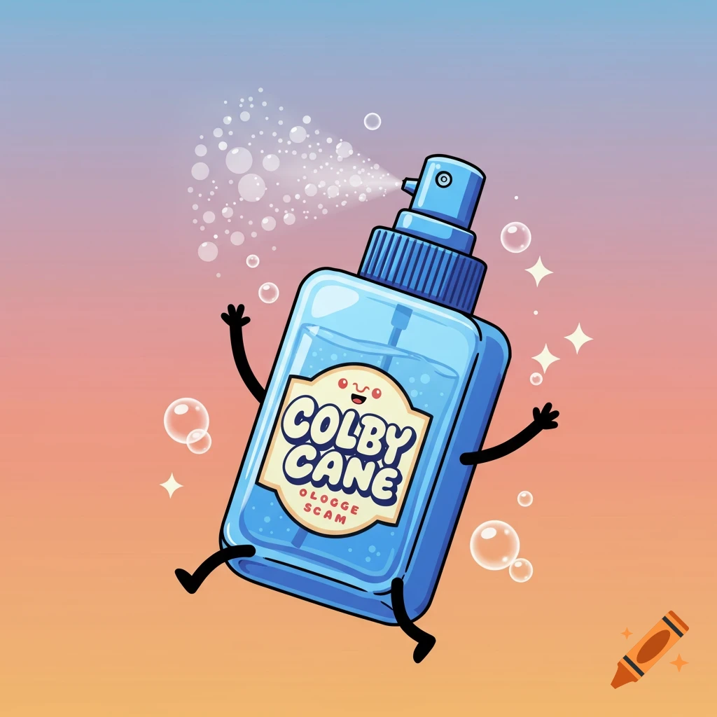 A smiling cartoon cologne bottle sprays water, with the text 'Colby Cane Ologge Scam' on its label, against a colorful gradient background.