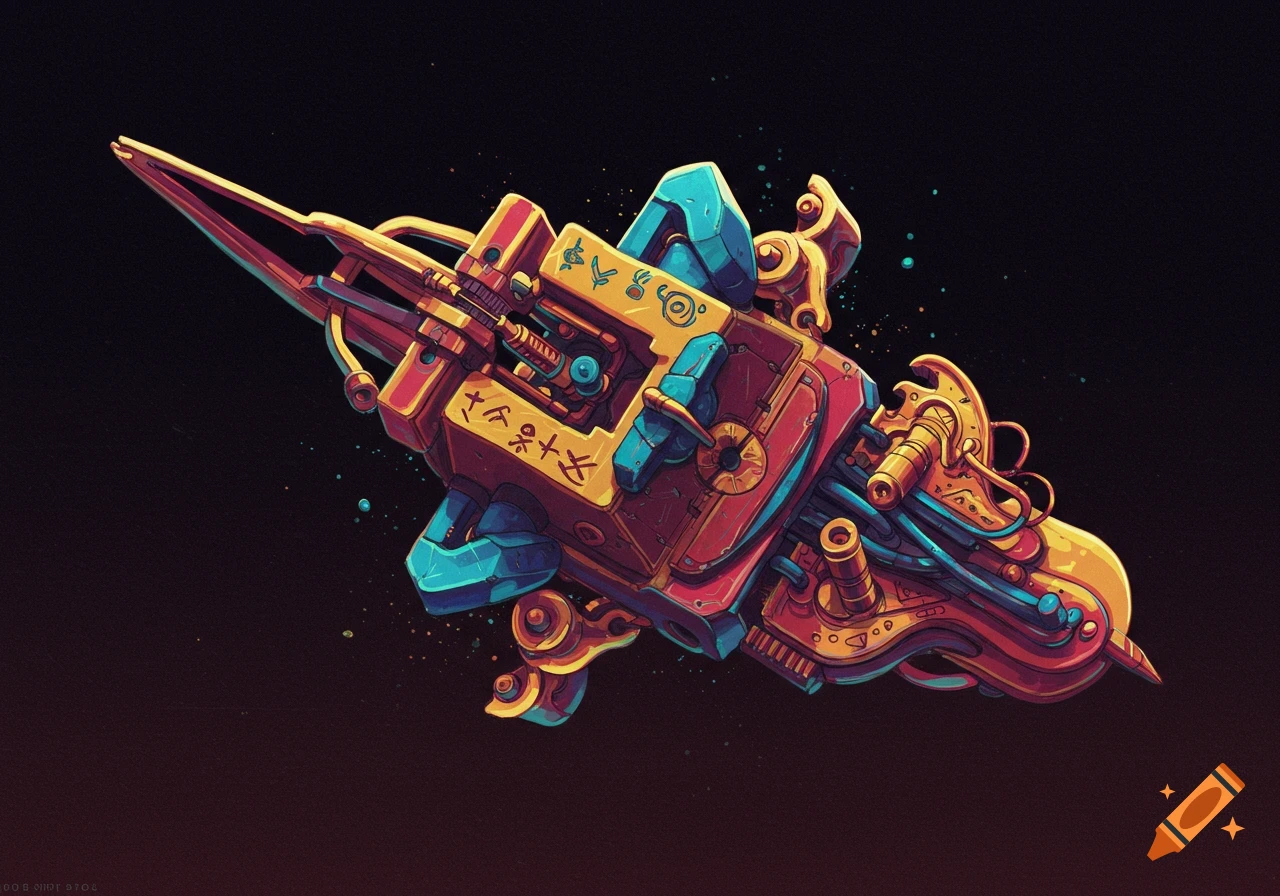 A vibrant, stylized mechanical device or tool with red, yellow, and blue components, featuring intricate details and alien-like glyphs, against a dark background.