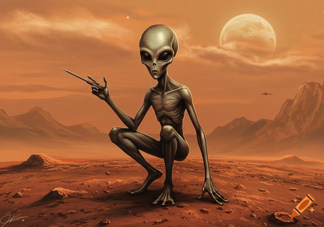 A grey alien squats on a barren red Martian landscape under an orange sky with a large moon.