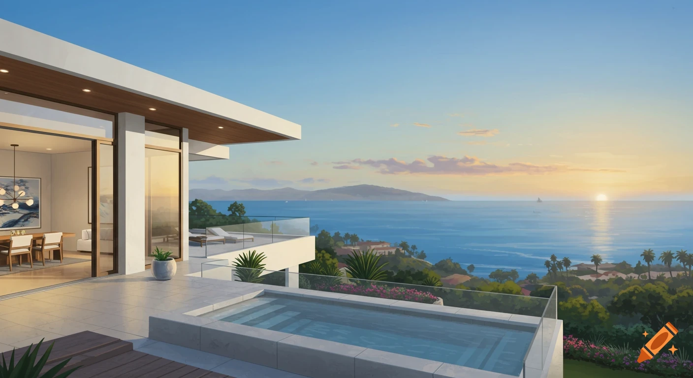 Modern luxury home with a patio and pool overlooking the ocean at sunset, with distant mountains and boats.