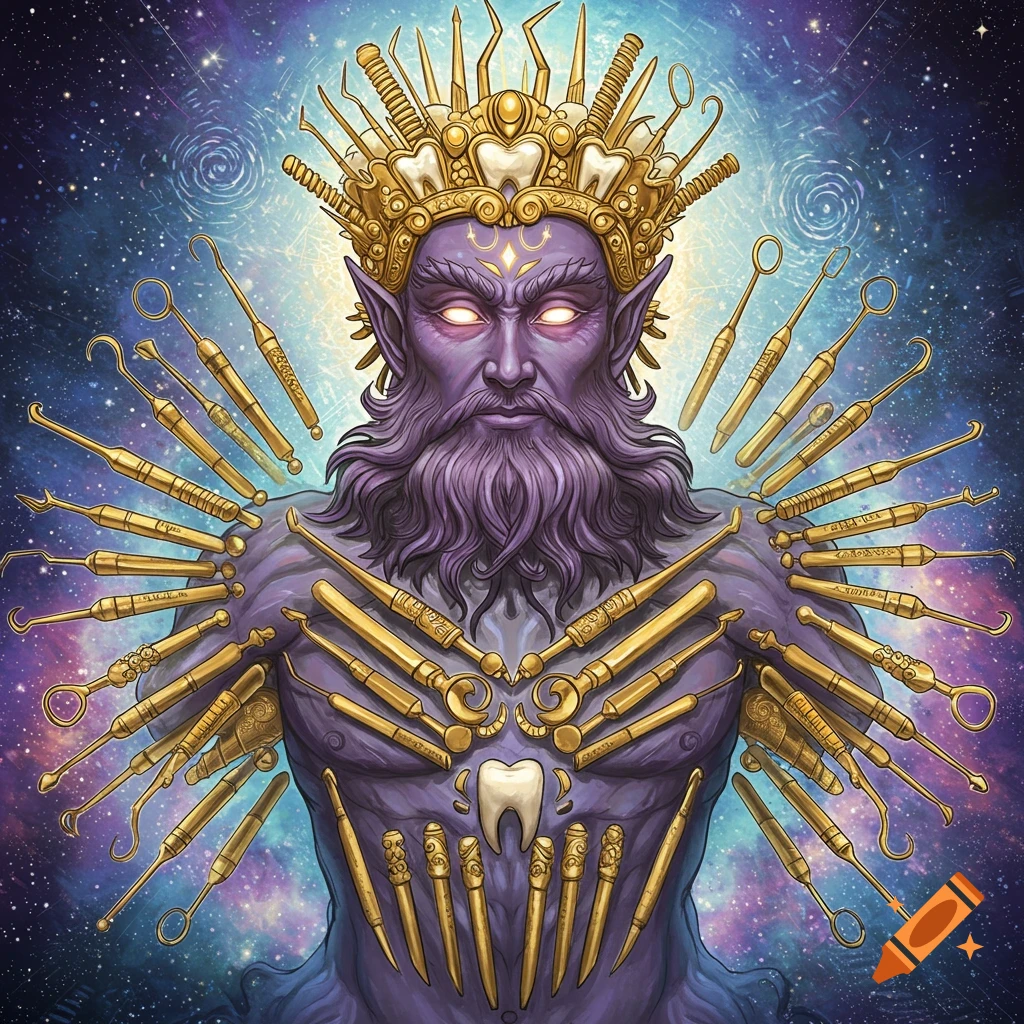 Purple-skinned, bearded fantasy god with glowing eyes, wearing a tooth crown, surrounded by golden dental tools against a cosmic background.
