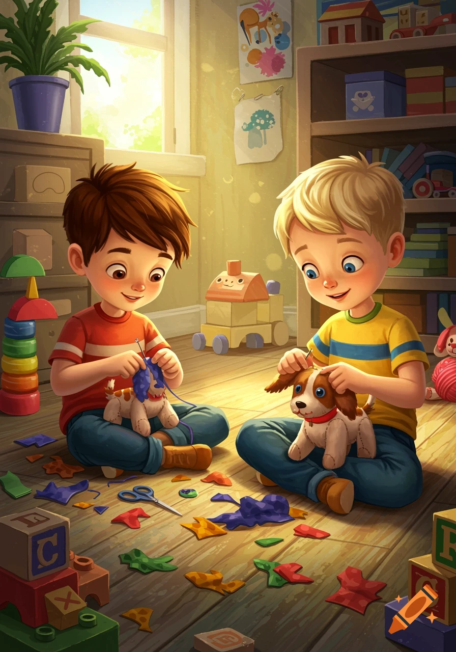Two cartoon-style young boys sit on a wooden floor in a brightly lit playroom, crafting toy puppies amidst scattered colorful blocks, fabric scraps, and scissors.
